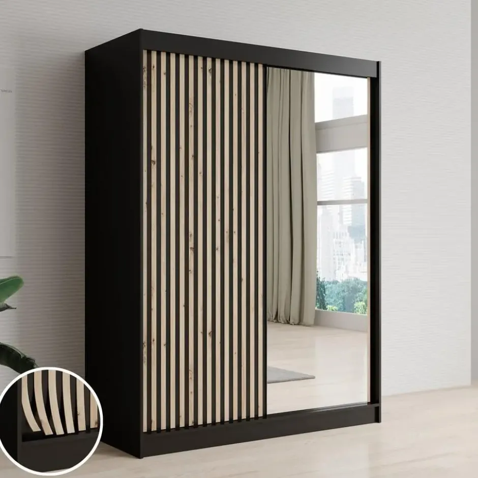 Meubella - Kledingkast Lisbon 2 - Zwart - 150 cm - Met spiegel