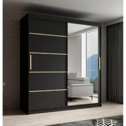 Meubella - Kledingkast Malavi 2 - Zwart - 180 cm - Met spiegel