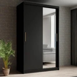 Meubella - Kledingkast Mandalin - Zwart - 120 cm - Met spiegel
