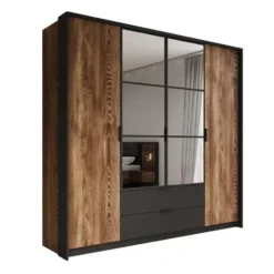 Meubella - Kledingkast Mulvey - Eiken - Antraciet - 220 cm - Met spiegel