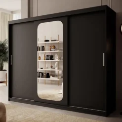Meubella - Kledingkast Pete - Zwart - 250 cm - Met spiegel