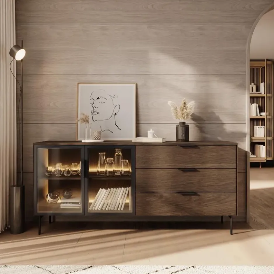 Meubella - Lomo - Dressoir 3 lades - Donker eiken - 181 cm