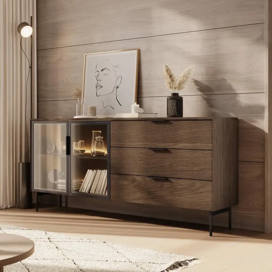Meubella - Lomo - Dressoir 3 lades - Donker eiken - 181 cm