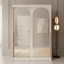 Meubella - Moniq - Kledingkast met schuifdeuren - Beige - 150x65x215cm