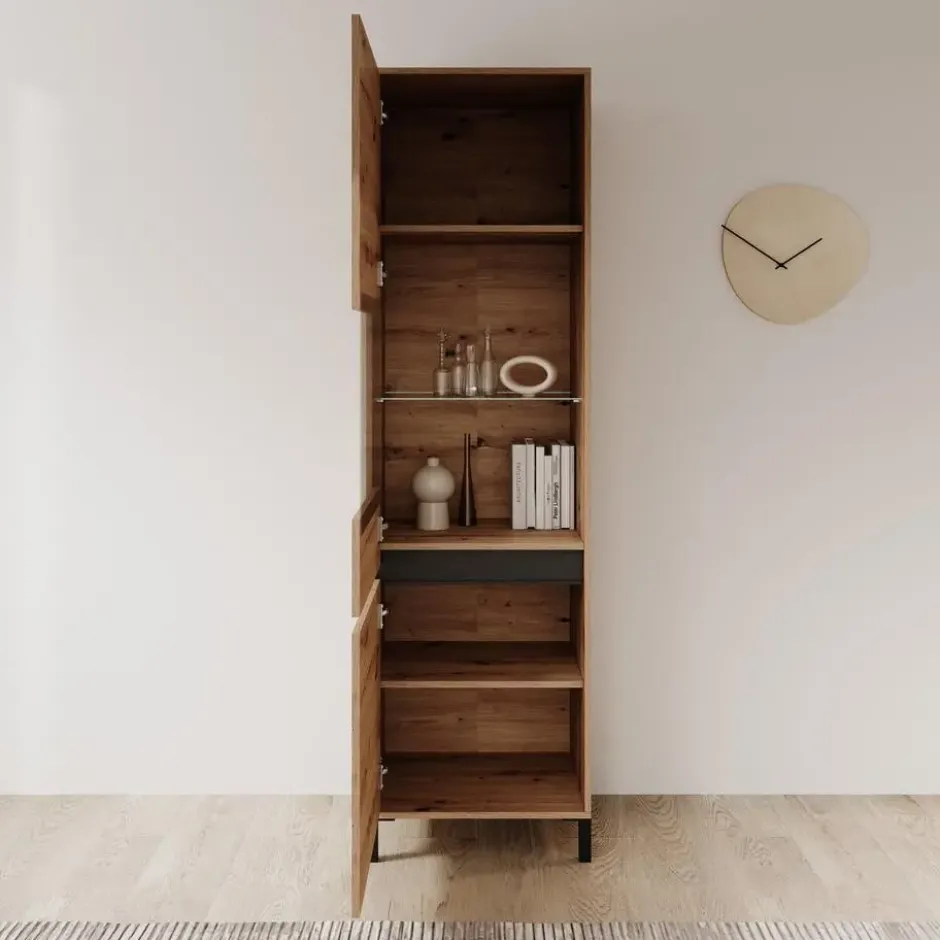 Meubella - Montellini - Vitrinekast - Eikenpatroon - 55x40x193 cm
