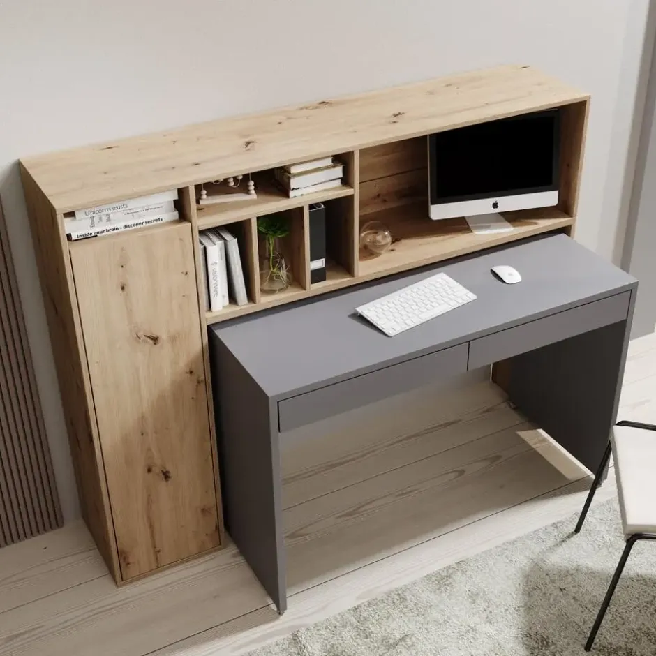 Meubella - Taroa - Bureau - Eikenpatroon/Lichtgrijs - 154x55x119 cm