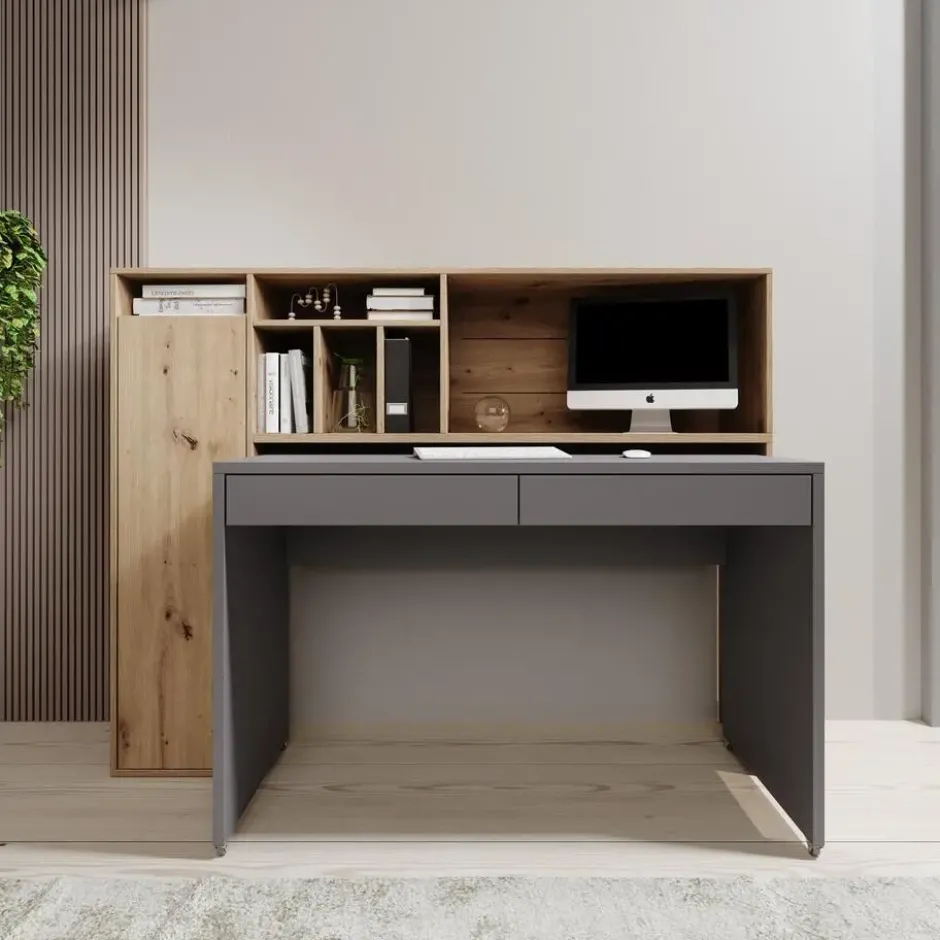 Meubella - Taroa - Bureau - Eikenpatroon/Lichtgrijs - 154x55x119 cm