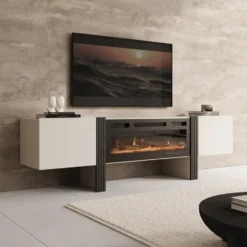 Meubella - Torevia - TV-Meubel met sfeerhaard - Beige - 200x41x58 cm