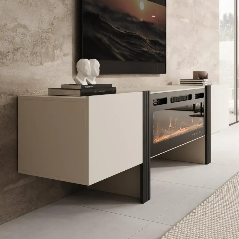 Meubella - Torevia - TV-Meubel met sfeerhaard - Beige - 200x41x58 cm