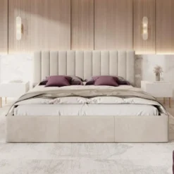 Meubella - Tweepersoonsbed Chief - Beige - Velvet - 200x200 cm