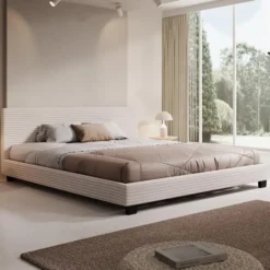 Meubella - Tweepersoonsbed George - Beige ribstof - 180x200 cm