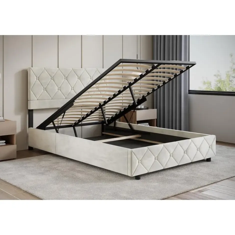 Meubella - Tweepersoonsbed Hernandez - Beige 140x200 cm - Met gaslift