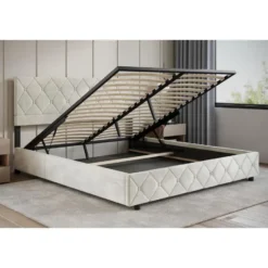 Meubella - Tweepersoonsbed Hernandez - Beige 180x200 cm - Met gaslift