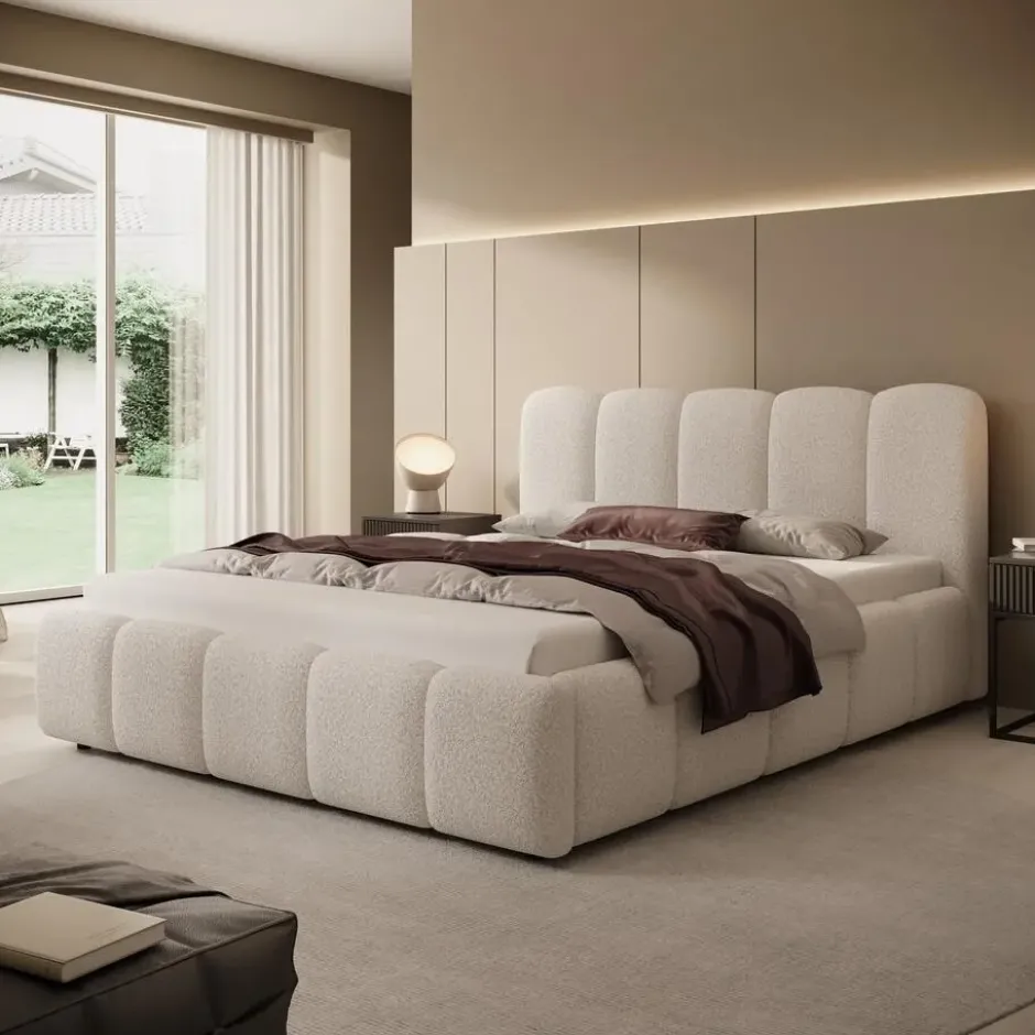 Meubella - Tweepersoonsbed Nolena - Beige teddystof - 160x200 cm