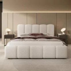 Meubella - Tweepersoonsbed Nolena - Beige teddystof - 160x200 cm