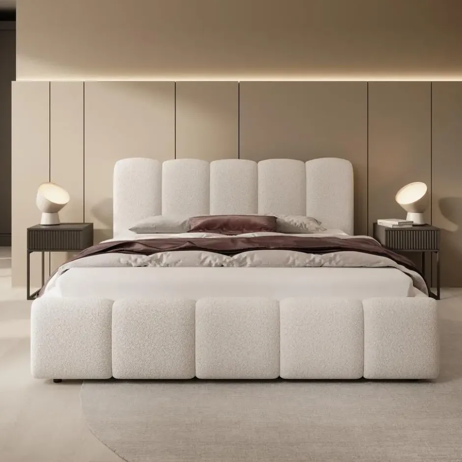 Meubella - Tweepersoonsbed Nolena - Beige teddystof - 160x200 cm