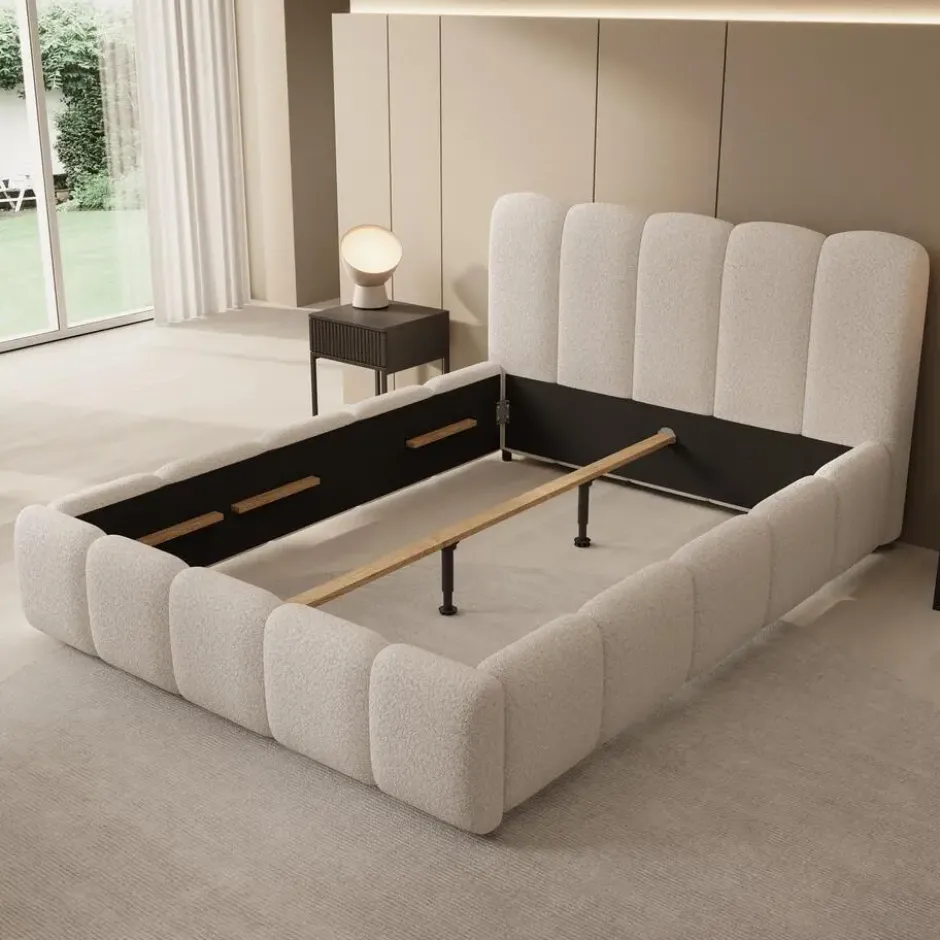 Meubella - Tweepersoonsbed Nolena - Beige teddystof - 160x200 cm