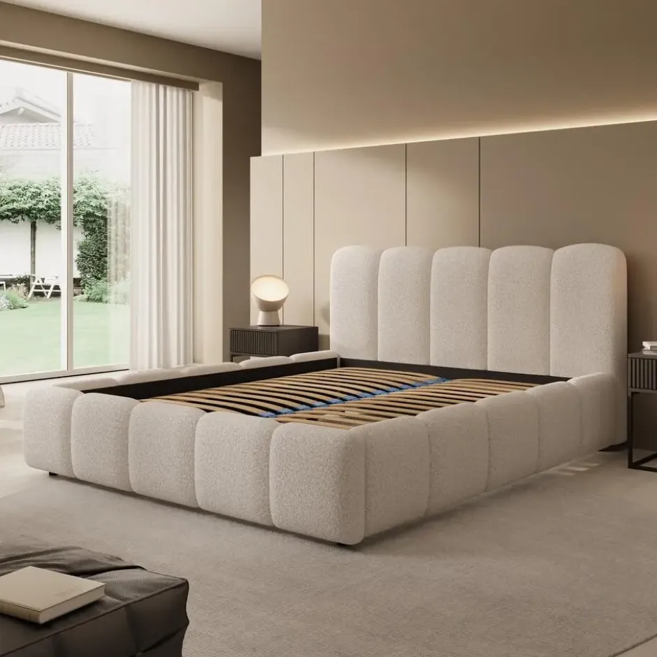 Meubella - Tweepersoonsbed Nolena - Beige teddystof - 160x200 cm