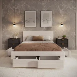 Meubella - Tweepersoonsbed Suente - Beige ribstof - 140x200 cm