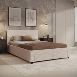 Meubella - Tweepersoonsbed Suente - Beige ribstof - 140x200 cm