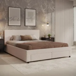 Meubella - Tweepersoonsbed Suente - Beige ribstof - 160x200 cm