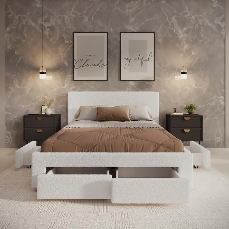 Meubella - Tweepersoonsbed Suente - Wit Teddystof - 140x200 cm