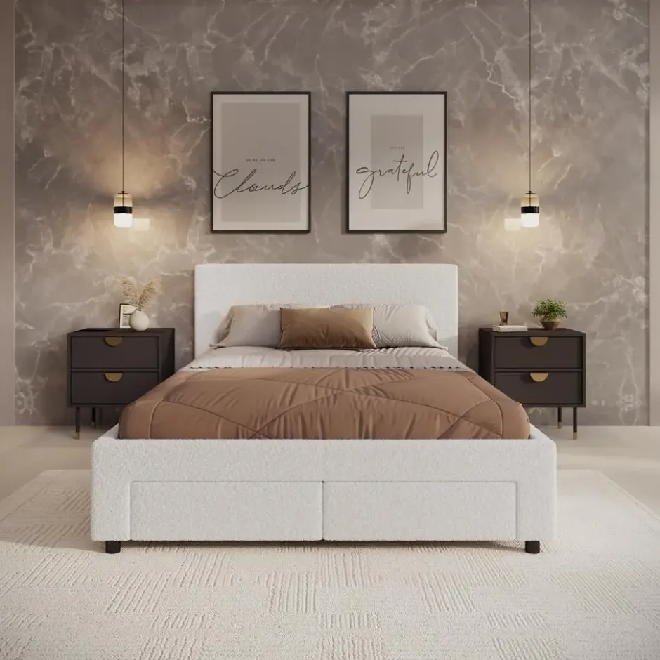 Meubella - Tweepersoonsbed Suente - Wit Teddystof - 140x200 cm