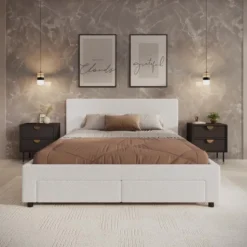 Meubella - Tweepersoonsbed Suente - Wit Teddystof - 160x200 cm