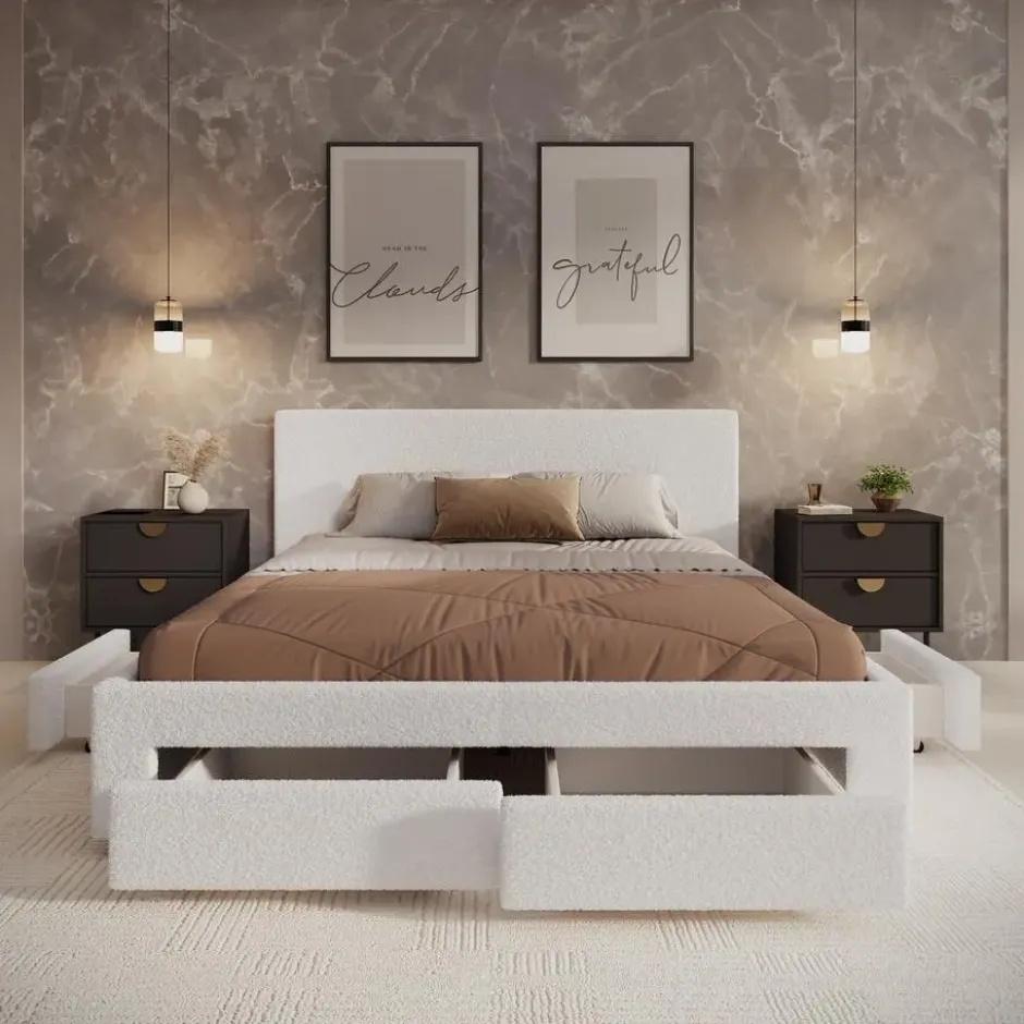 Meubella - Tweepersoonsbed Suente - Wit Teddystof - 160x200 cm