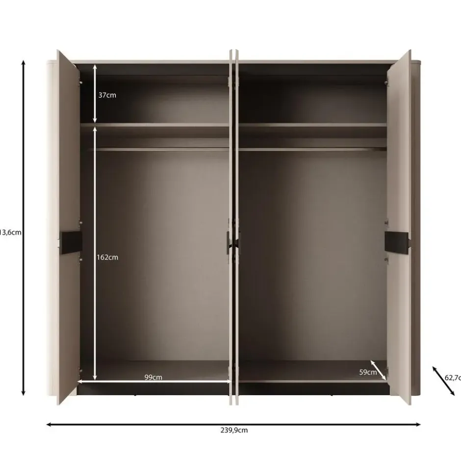 Meubella - Vexon - Kledingkast 4 deuren - Beige/Zwart - 240x63x214 cm