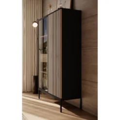 Meubella - Vitrinekast Legend - Mat zwart - Eiken - 104 cm