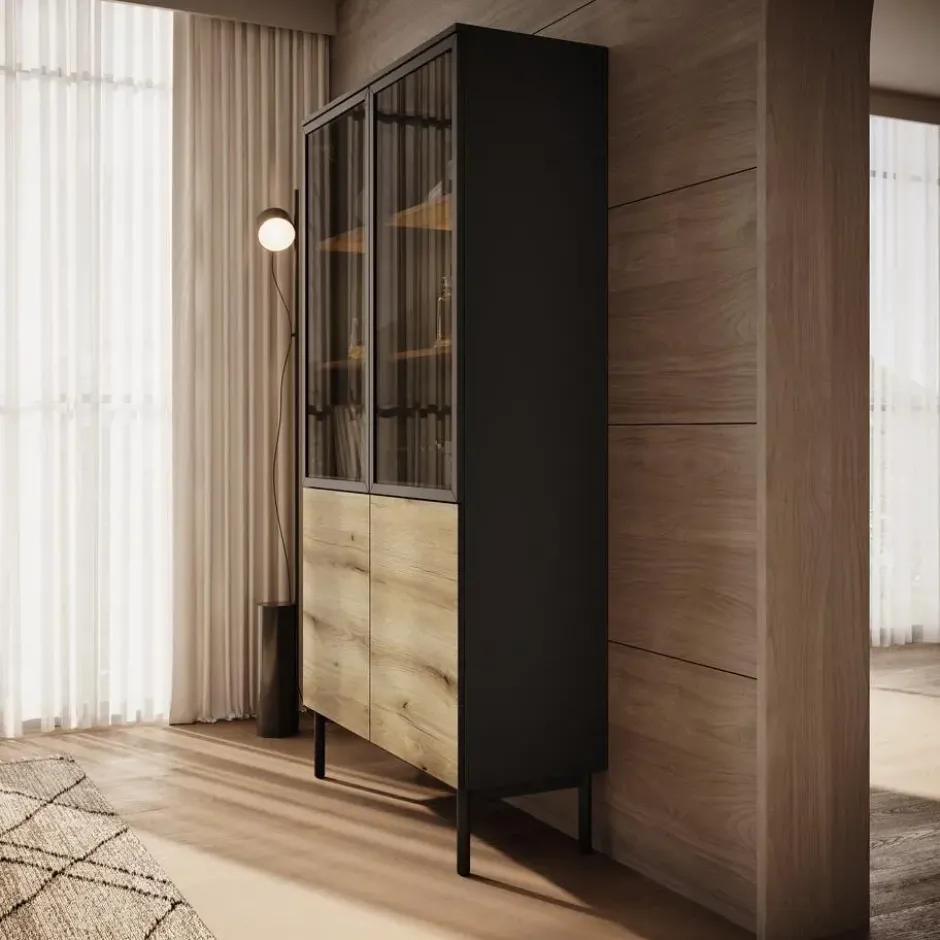 Meubella - Vitrinekast Ludwig - Zwart - Eiken - 100 cm - Hoog