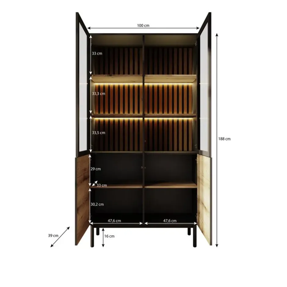 Meubella - Vitrinekast Ludwig - Zwart - Eiken - 100 cm - Hoog