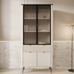 Meubella - Vitrinekast Mace - Beige - 90 cm - Met glas