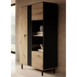 Meubella - Vitrinekast Marcos - Eiken - Antraciet - 90 cm