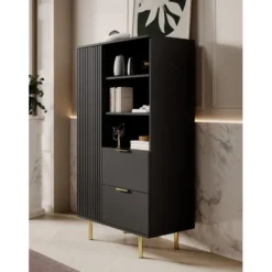 Meubella - Vitrinekast Nicola - Mat zwart - 80 cm - Laag