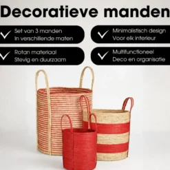 Mica Decorations Brooklyn Gevlochten Mand Set van 3 Rood