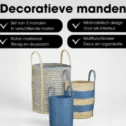 Mica Decorations Brooklyn Gevlochten Mand Set van 3 Blauw