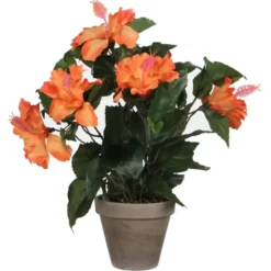 Mica Decorations Kunstplant - hibiscus - oranje - 30 x 40 cm