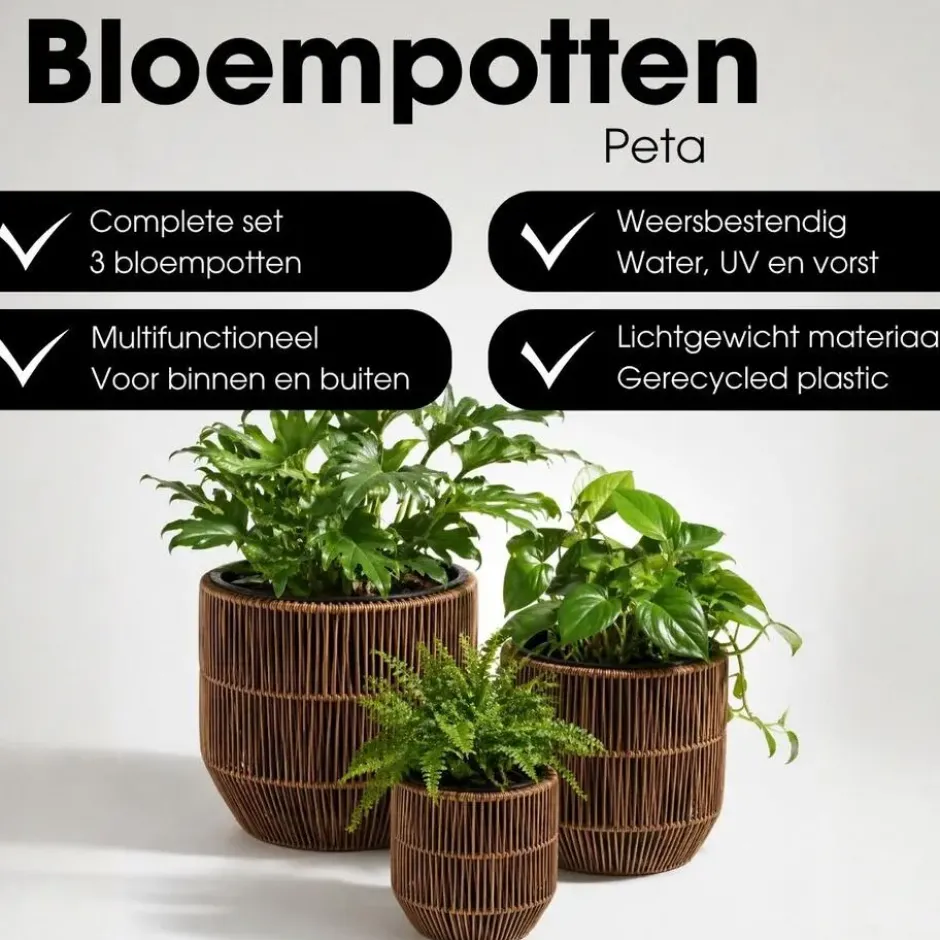 Mica Decorations Peta Bloempot – Set van 3 – Donkerbruin