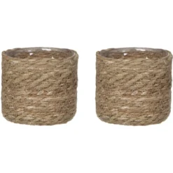 Mica Decorations Plantenmand - rotan - naturel met bruin - 14 cm