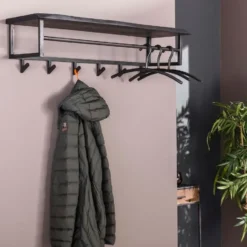 Nest of Nora Kapstok met hoedenplank 6 haken - Acaciahout - Zwart