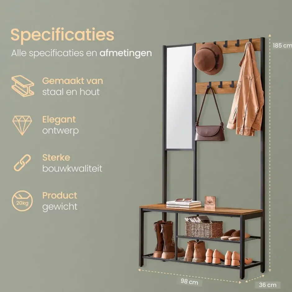 O'DADDY Garderoberek Met Spiegel - Kapstok - Schoenrek - Vintage - Zwart