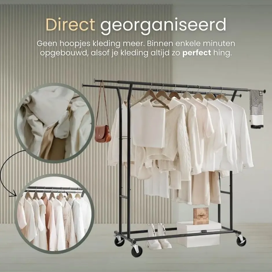 O'DADDY Kledingrek op Wieltjes - Zwart - Dubbele Stang - 110kg Belastbaar