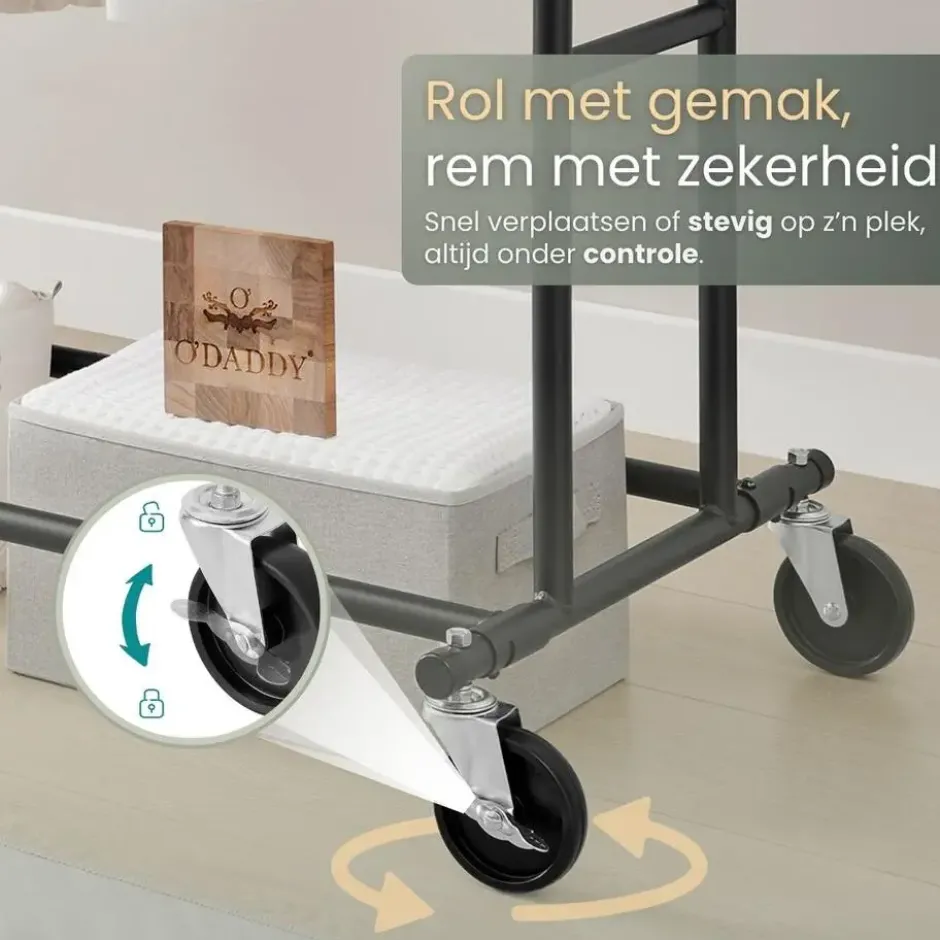 O'DADDY Kledingrek op Wieltjes - Zwart - Dubbele Stang - 110kg Belastbaar