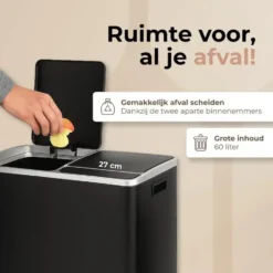 O’DADDY Prullenbak 60L - 2 Vakken - Voetbediening - Soft-Close - Zwart