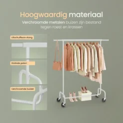 O'DADDY Verstelbaar Kledingrek op Wielen - 130 Kg Draagvermogen - Roestvrij