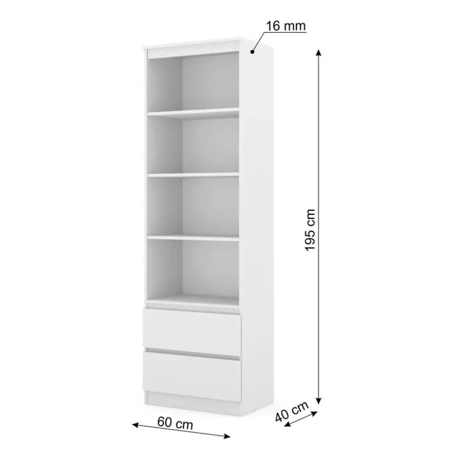 Open boekenkast Maja 60 cm met 2 lades - wit mat 195x60x40 cm