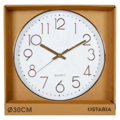 Ostaria Wandklok/muur klok - D30 cm - kunststof - wit/koper