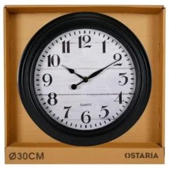 Ostaria Wandklok/muur klok - houtlook - D30cm - kunststof - zwart